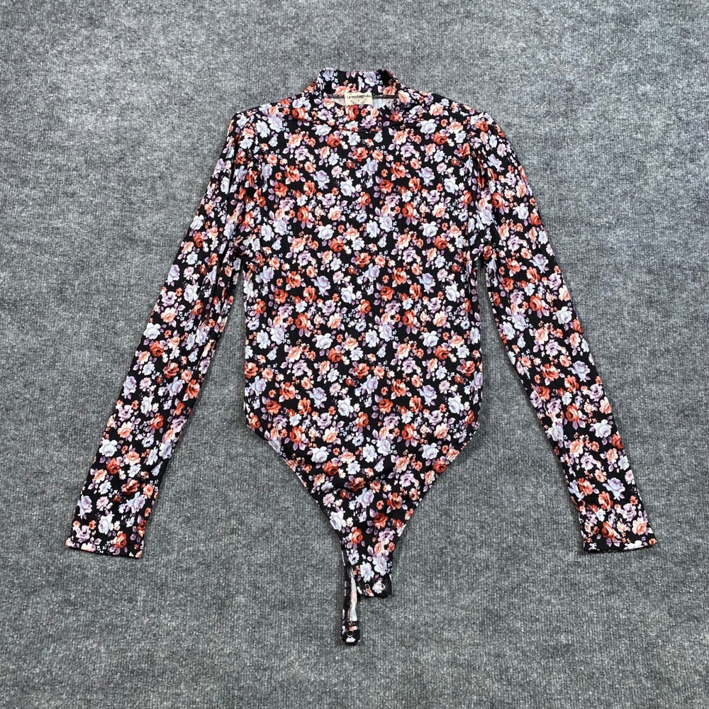 One Step Up Floral Mock Neck Bodysuit Black Long Sleeve Ribbed Knit Large